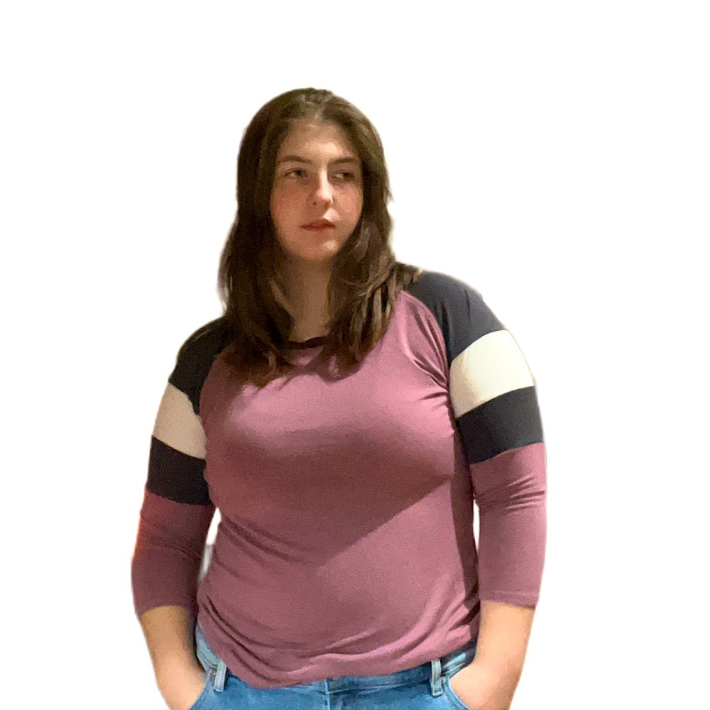 Maurices 24/7 Purple Grey and White Long sleeved shirt. Tight fit.